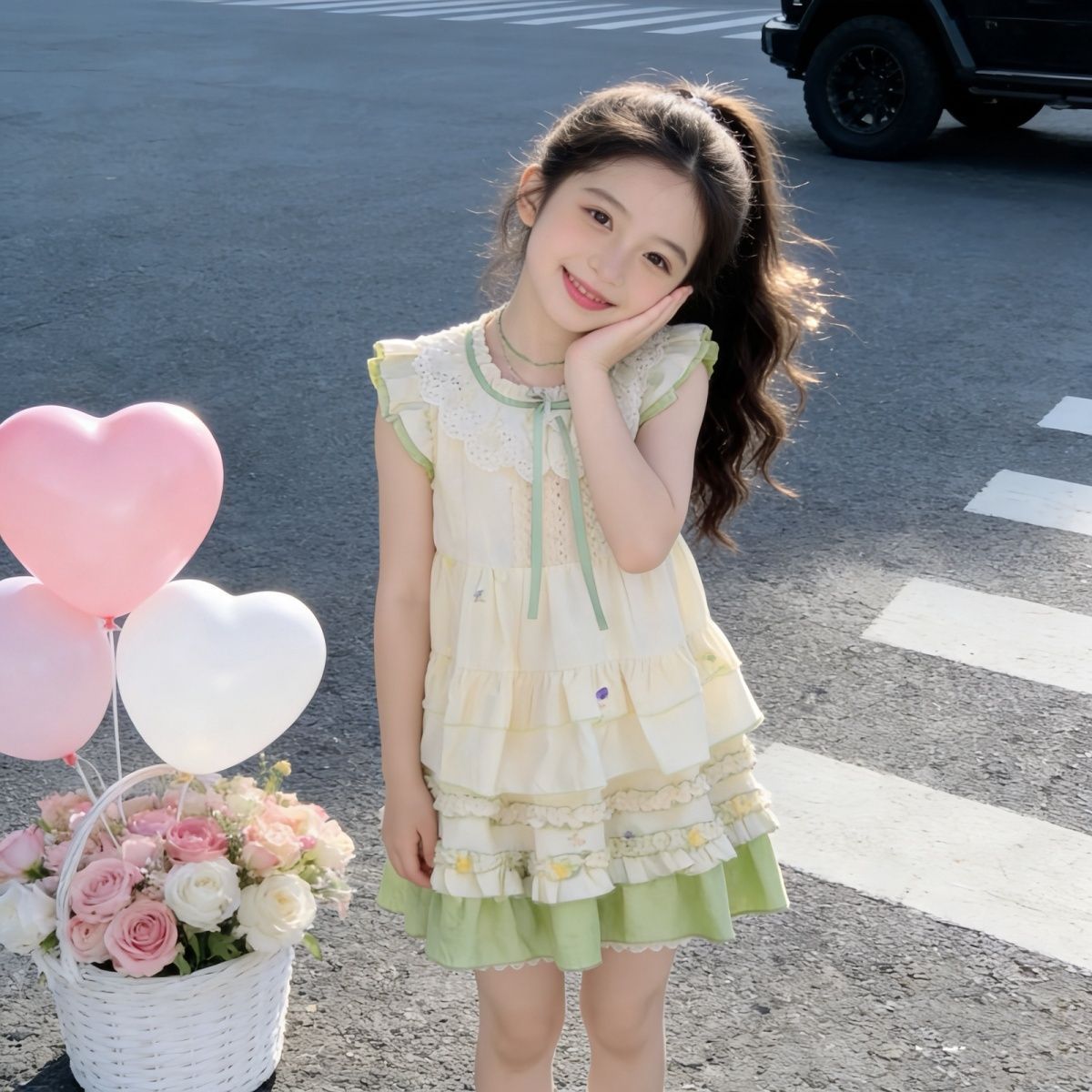 女童连衣裙套装碎花上衣学生夏季小飞袖新款蛋糕蓬蓬半身裙两件套