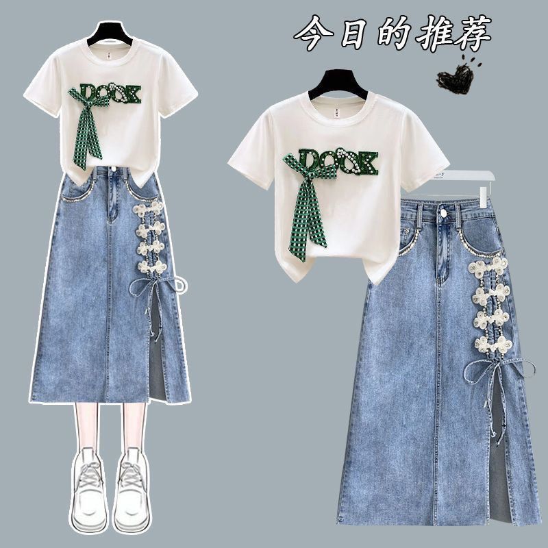女中大童套装新款小众设计感蝴蝶结短袖上衣女孩牛仔半身裙两件套