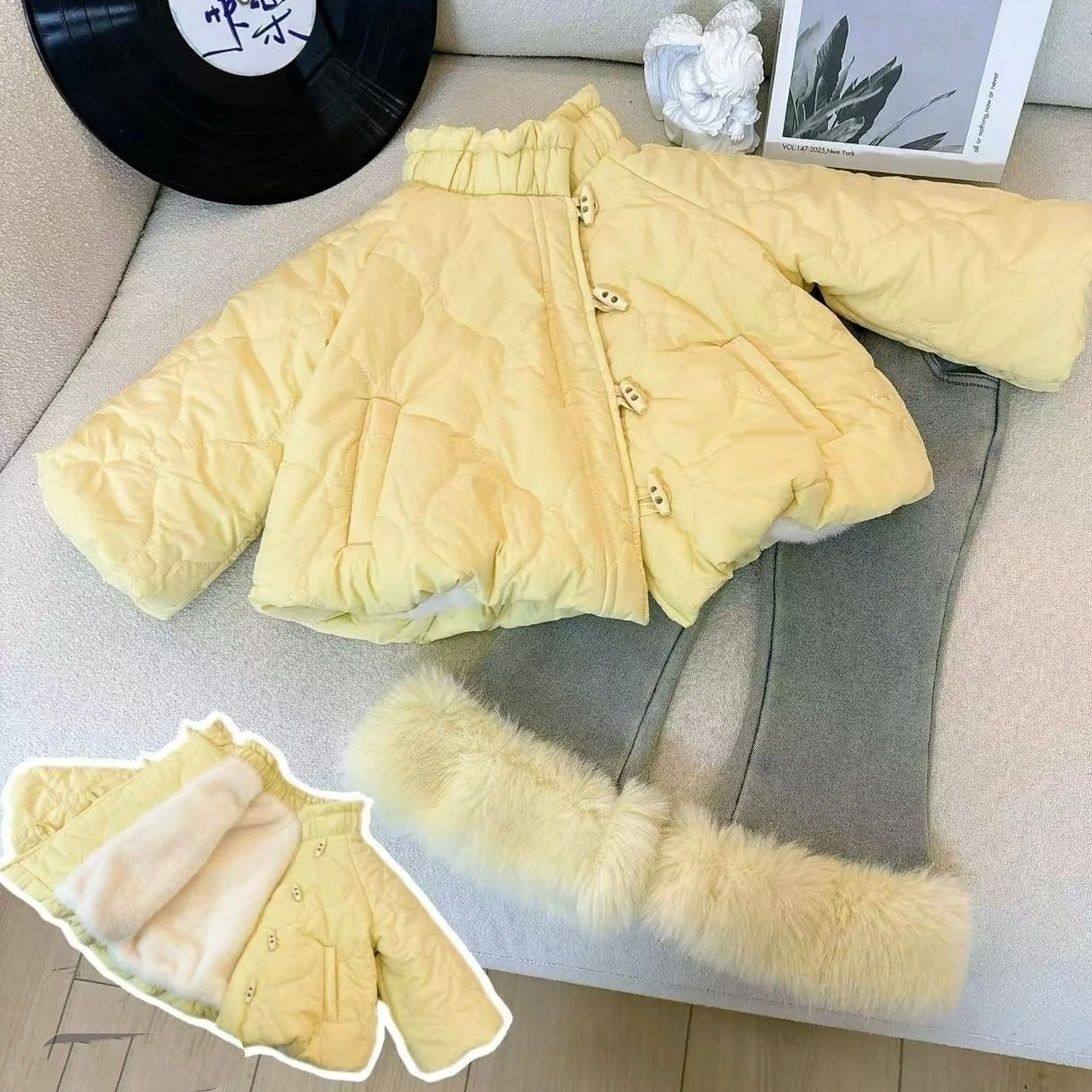 女童冬季韩版加绒套装2025女宝加绒加厚棉服外套加绒牛仔裤两件套
