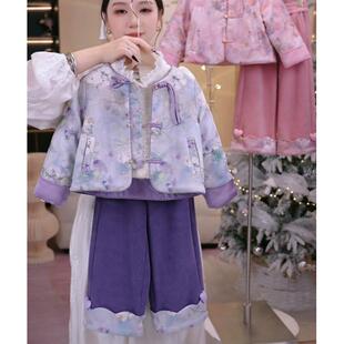 2025女童春秋季套装抖音爆款国风唐装盘扣夹棉外套加绒裤子两件套