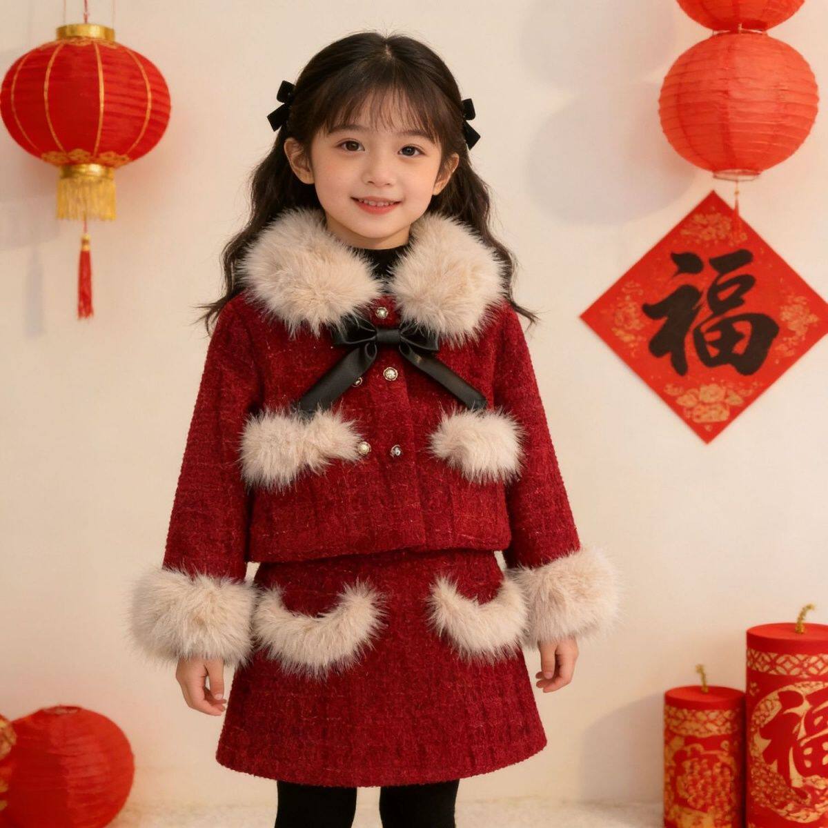 过年拜年服女童小香风套装2025新款冬季宝宝喜庆红色夹棉外套半裙