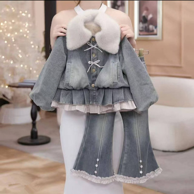 女童2025冬季新款加厚套装韩版洋气牛仔加绒外套喇叭裤两件套时髦