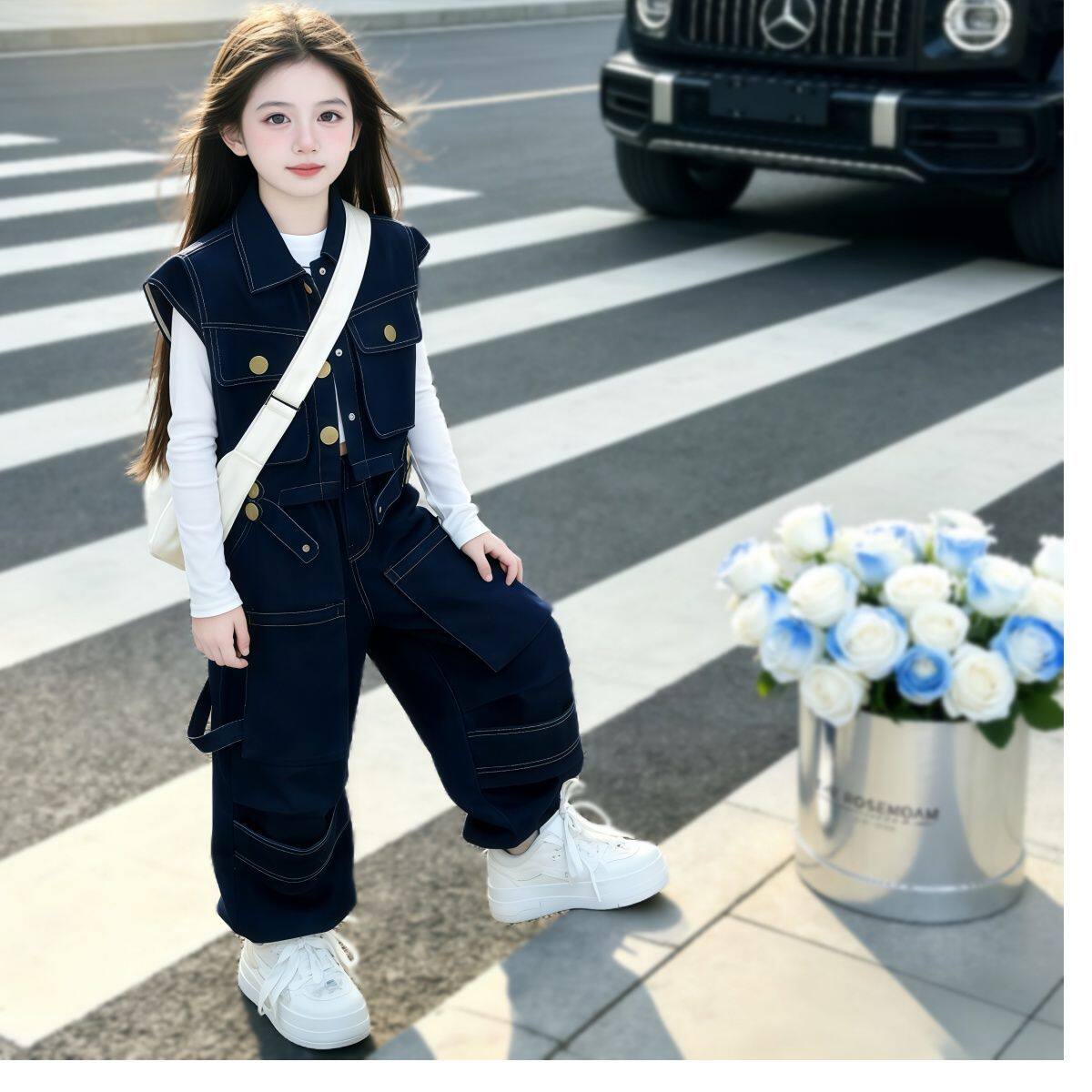 女童2026新款春秋季韩版时尚牛仔马甲打底工装阔腿牛仔裤套装潮酷