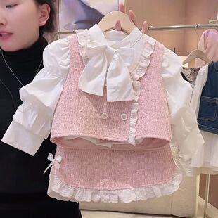 女童小香风套装时尚马甲短裙2026春装新款女宝宝衬衫甜美洋气套装