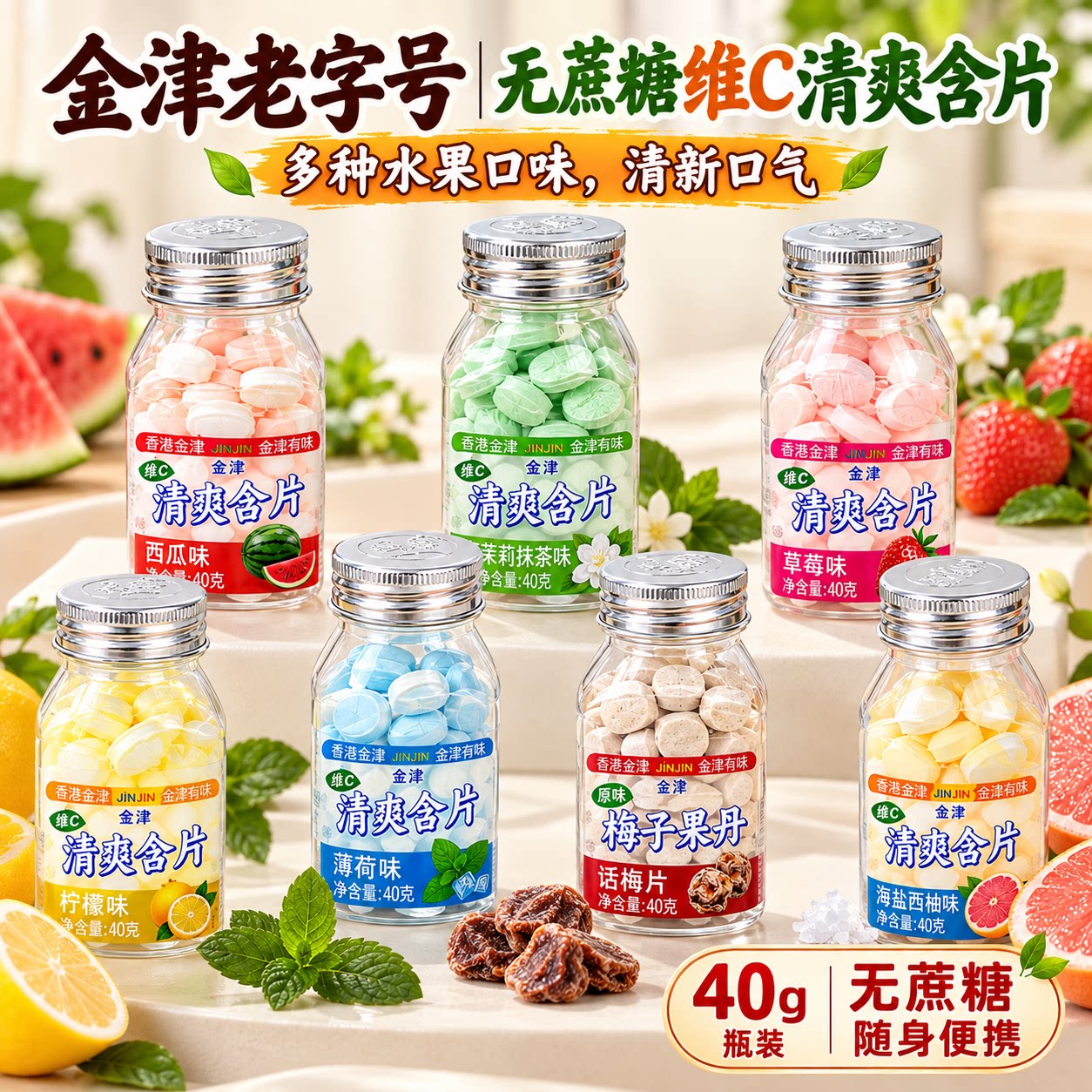 金津无蔗糖清爽含片维C薄荷糖口气清新糖水果味便携瓶装话梅含片
