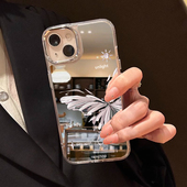适用苹果14promax手机壳镜面新款 iPhone15 套女全包高级感16max小众8plus硅胶防摔13外壳12镜子粉色蝴蝶16