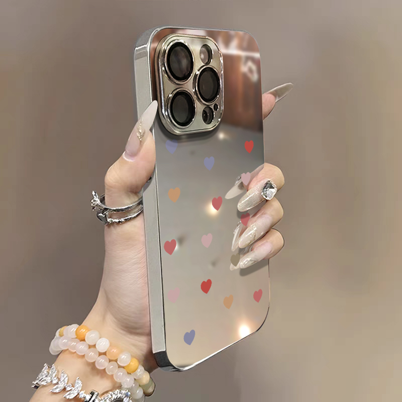 适用苹果14promax手机壳镜面新款iPhone15的套女全包高级感16max小众8plus硅胶7防摔13外壳12带支架简约爱心