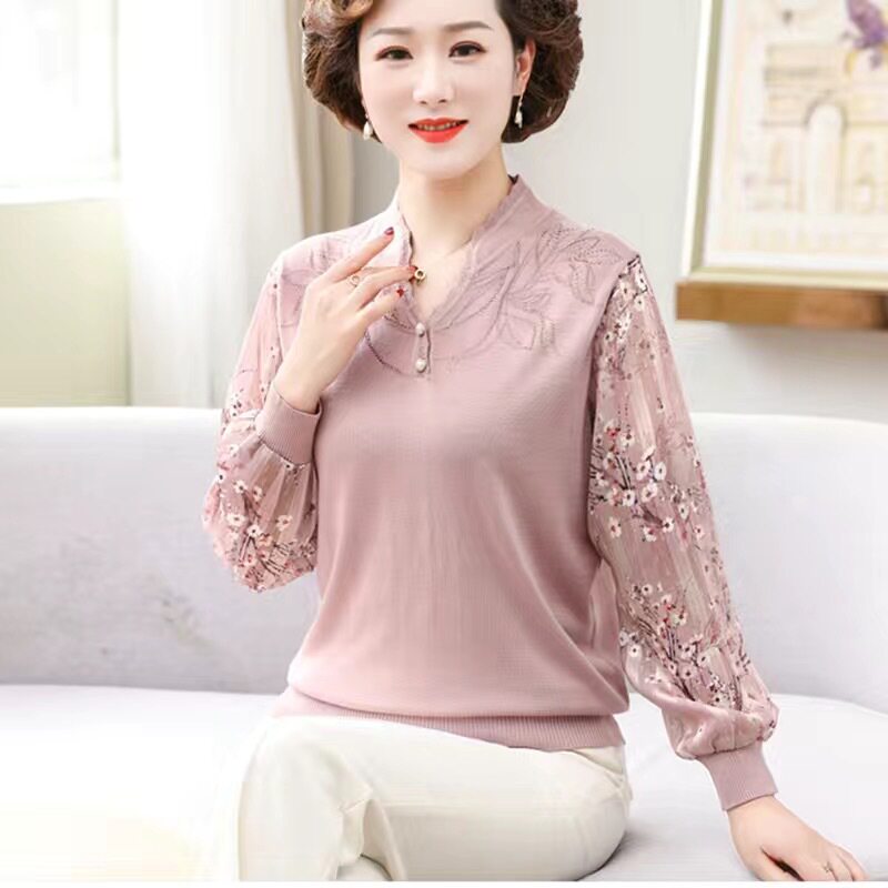 妈妈春夏装冰丝T恤中老年女装针织打底小衫洋气质纱袖旗袍领上衣