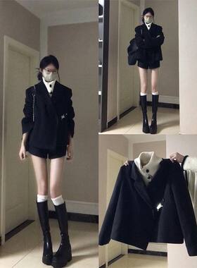黑色拼接毛呢短款西装外套短裤套装女冬季高级感一整套名媛两件套
