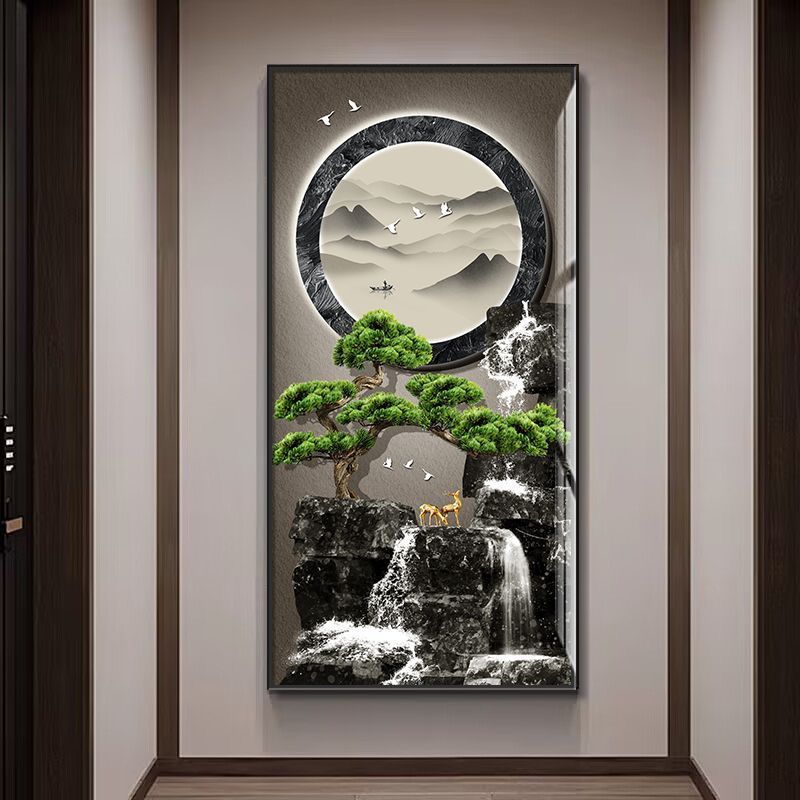 德国品质流水生财玄关装饰画山水迎客松入户走廊过道壁画客厅竖