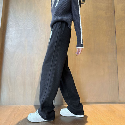 春秋人字纹毛呢阔腿裤女高腰