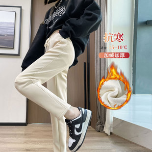 高个子小脚烟管裤 杏色冬加绒宽松大码 女加长版 显瘦运动直筒裤 窄版