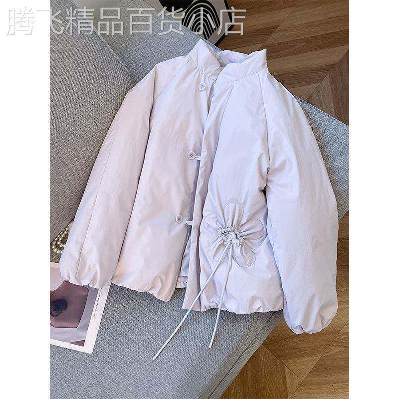 韩系立领长袖淡紫色棉服外套女蝴蝶结收腰通勤百搭减龄宽松上衣潮