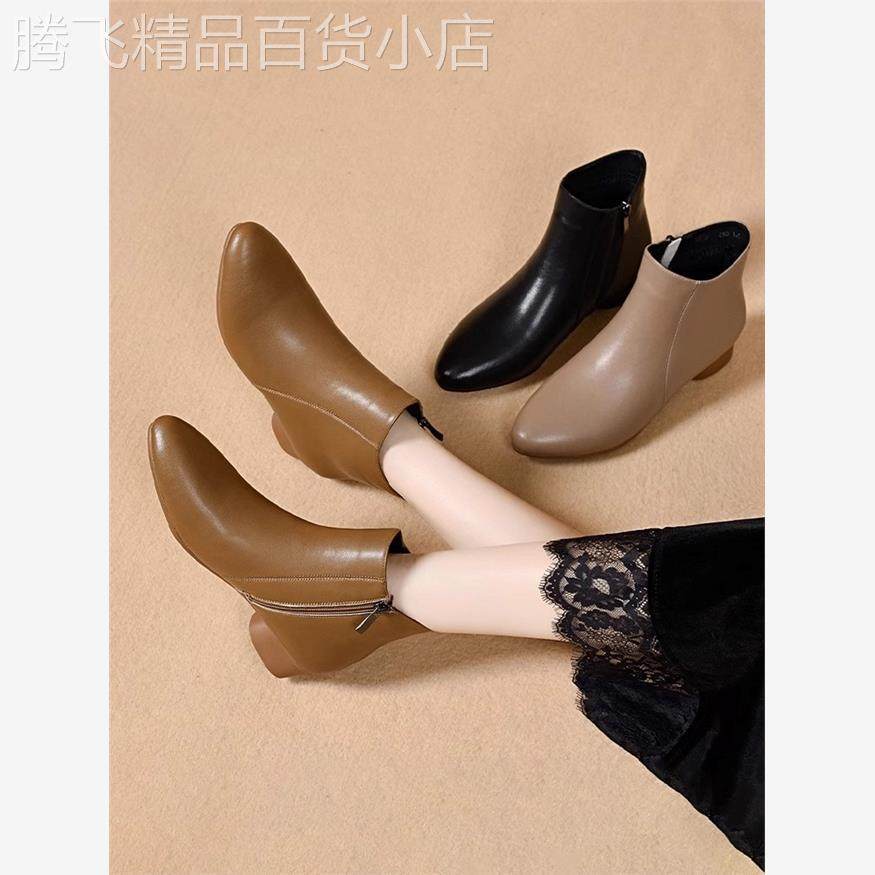真皮马丁靴女软牛皮鞋2025秋冬平底短靴尖头粗跟加绒妈妈棉鞋加厚