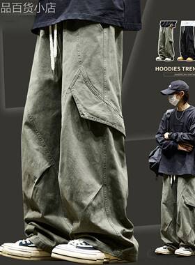 美式高街复古军绿色痞帅工装裤男士春秋直筒口袋机能伞兵休闲裤子