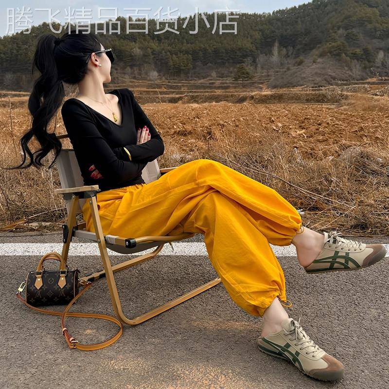 多巴胺穿搭黄色阔腿束口裤女夏2026新款高腰宽松显瘦休闲运动裤子
