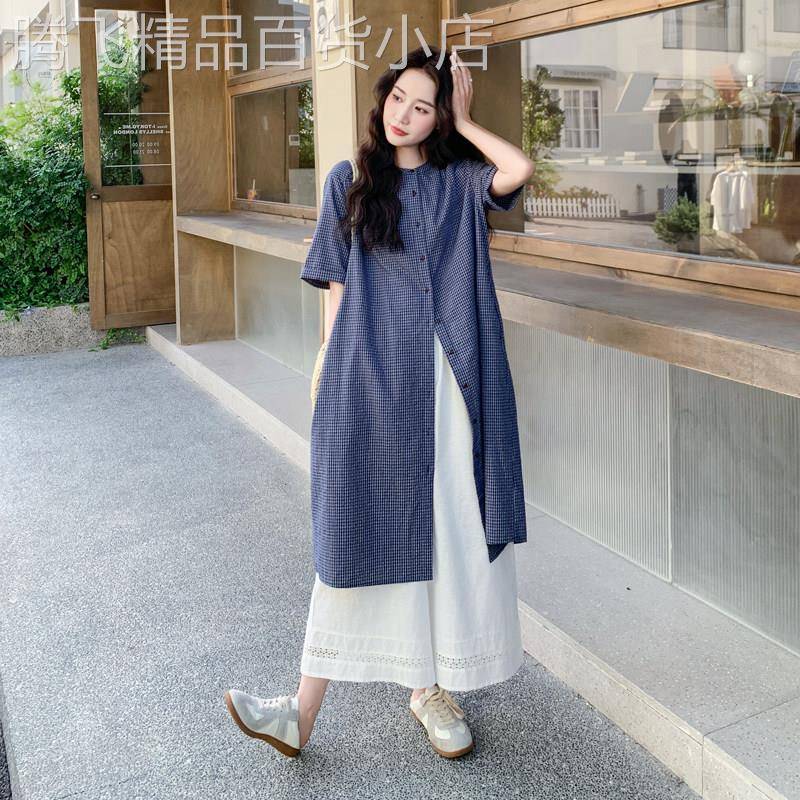 藏青色格子衬衫洋装阔腿裤套装女2026夏季文艺复古慵懒风两件套