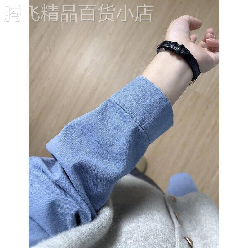 斜纹棉蓝色长袖衬衫女内搭叠穿马甲衬衣今年流行漂亮小衫长袖上衣