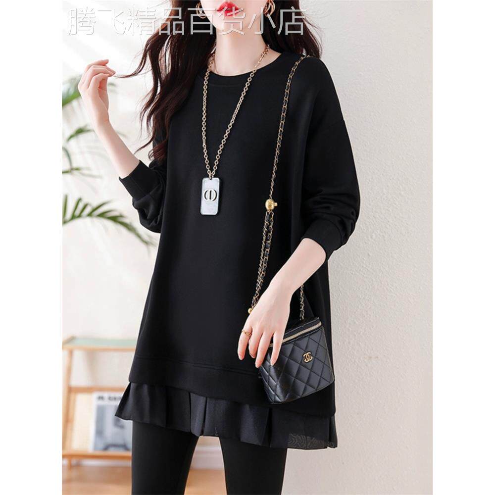 潮牌假两件卫衣女2025秋冬大码套头中长款宽松显瘦黑色打底衫上衣