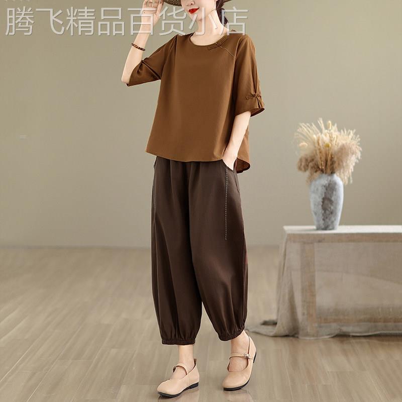 中老妈妈棉麻套装女2026年夏季新款文艺复古宽松上衣哈伦裤两件套