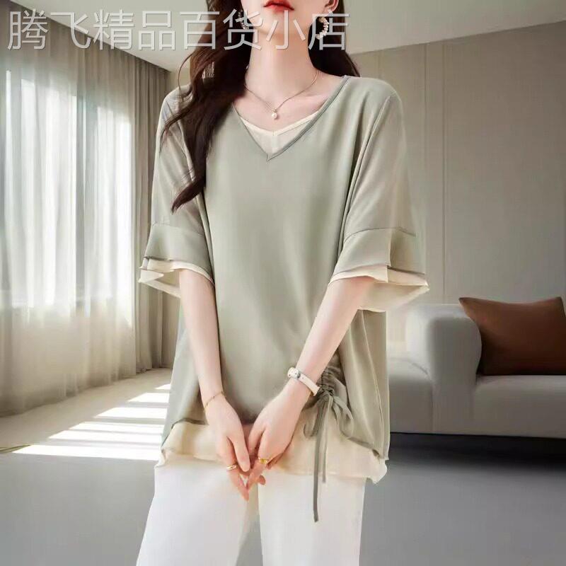时尚爆款短袖t恤女夏装新款假两件中长胖MM雪纺衫宽松遮肉女上衣