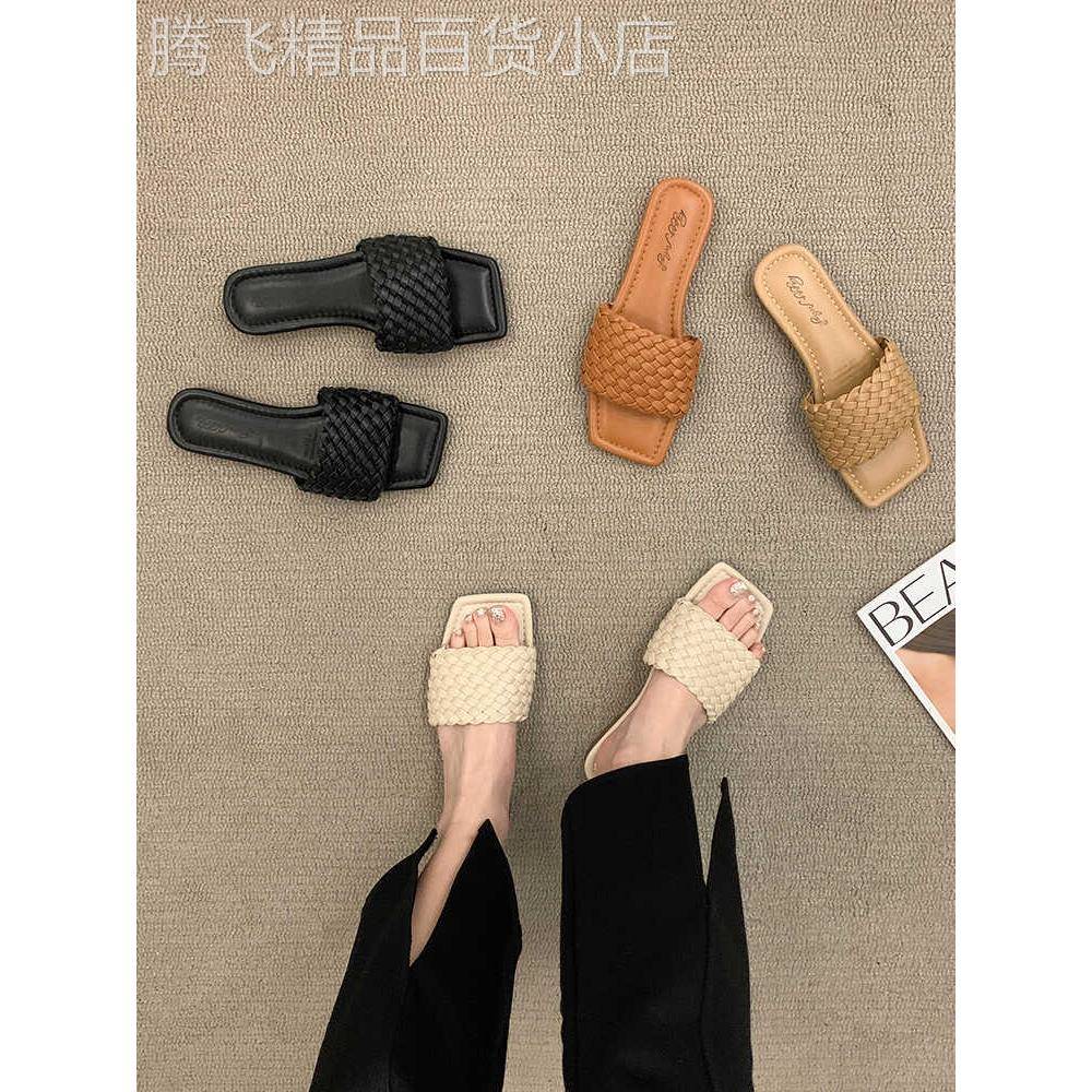 时尚品牌高底凉鞋的妇女夏季外穿新的优雅平底编织户外沙滩拖鞋