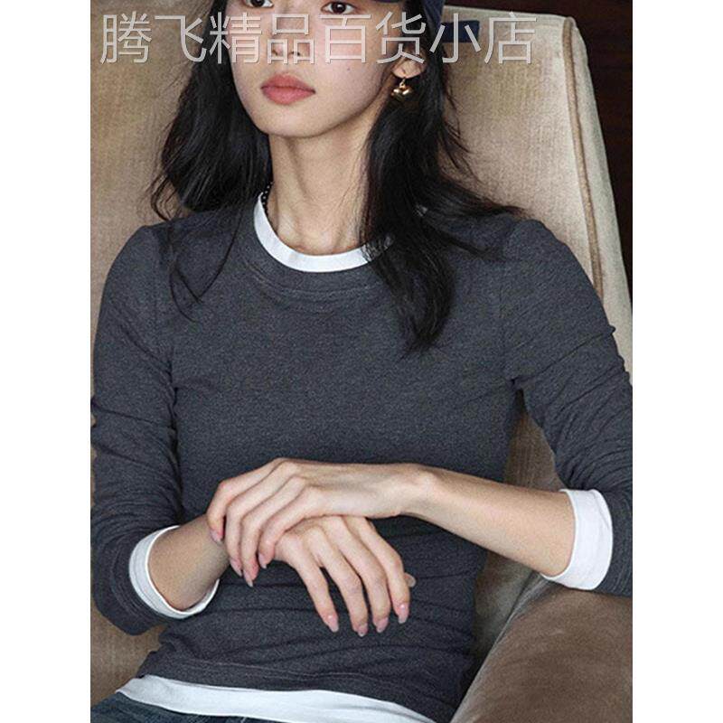 高级感拼接假两件长袖t恤女2025春秋新款修身显瘦内搭打底衫上衣