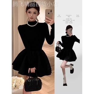日系早秋赫本风半高领黑色连衣裙女高级感公主蓬蓬裙千金小黑裙子