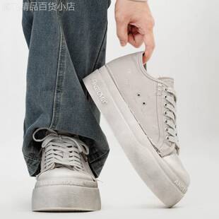 【高品质】白色做旧水洗厚底帆布鞋男6cm隐形增高鞋休闲大头板鞋