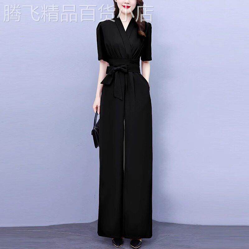 黑色高级感连体裤女夏装2026新款气质收腰显瘦垂感直筒阔腿裤套装