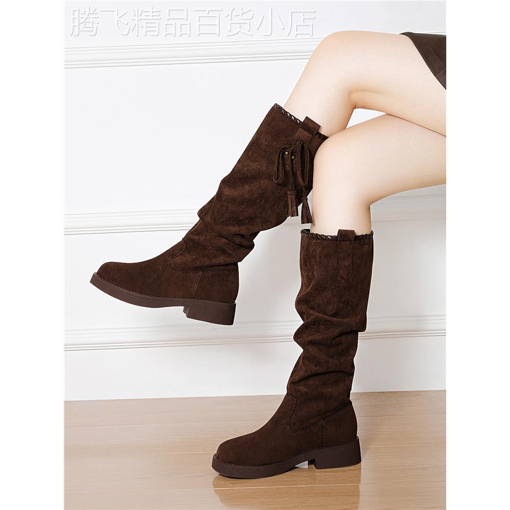 A.D Hepburn 覆古流苏骑士靴女2025秋季新款粗跟不过膝长筒靴显瘦