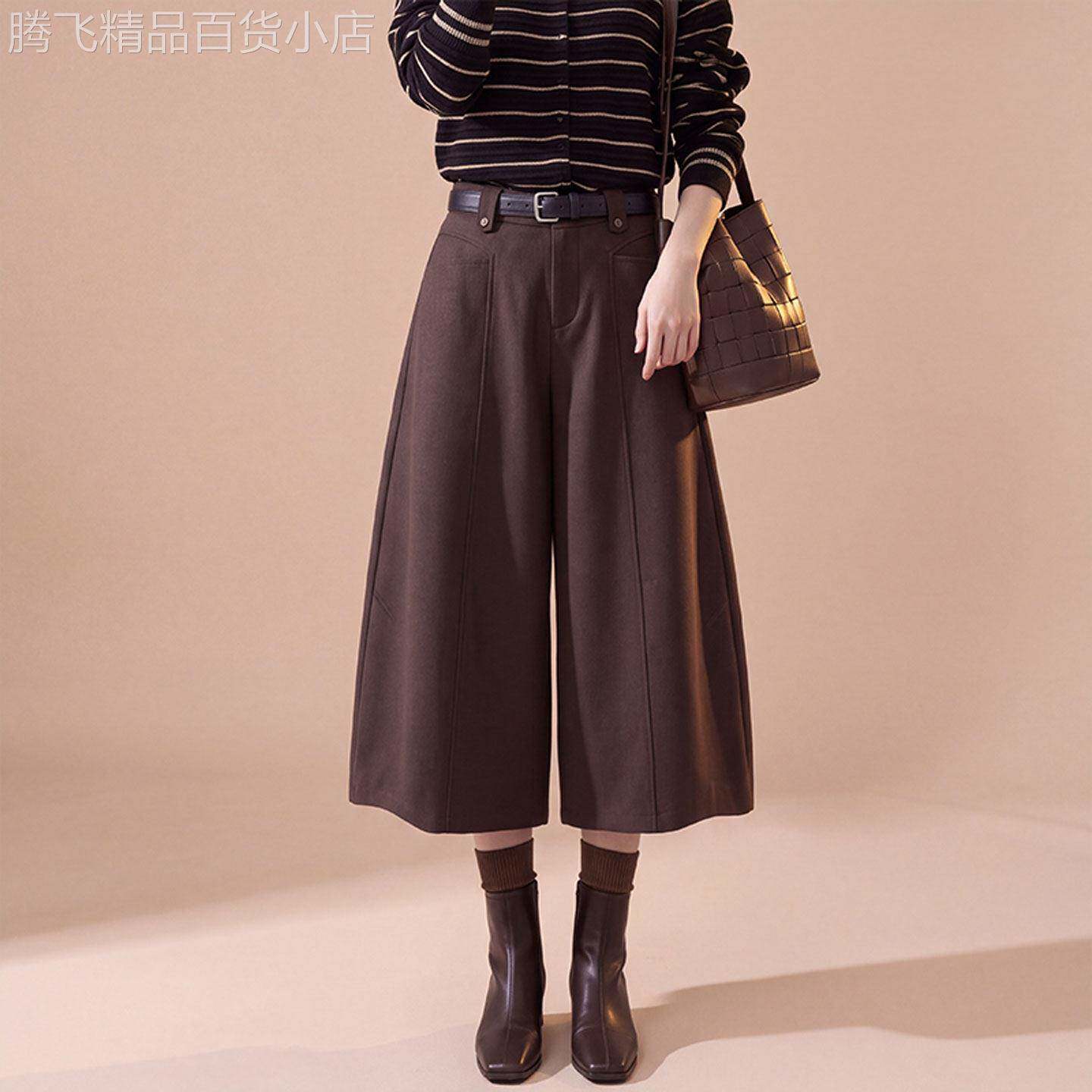 咖色毛呢西装阔腿裤女2026年秋冬季新款高腰宽松显瘦八分休闲靴裤