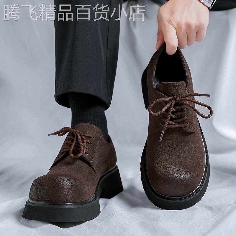 【高品质】大头皮鞋男款厚底增高磨砂皮复古英伦风圆头休闲皮鞋男