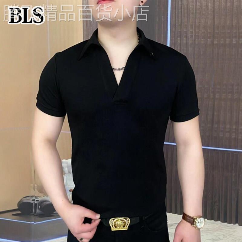 高端黑色冰丝Polo衫男士夏季2026新痞帅翻领短袖T恤男款v领上衣服