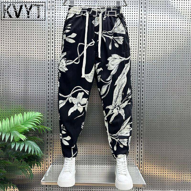 中国风亚麻裤子男款夏天冰丝透气宽松休闲 裤男士九分束脚哈伦裤