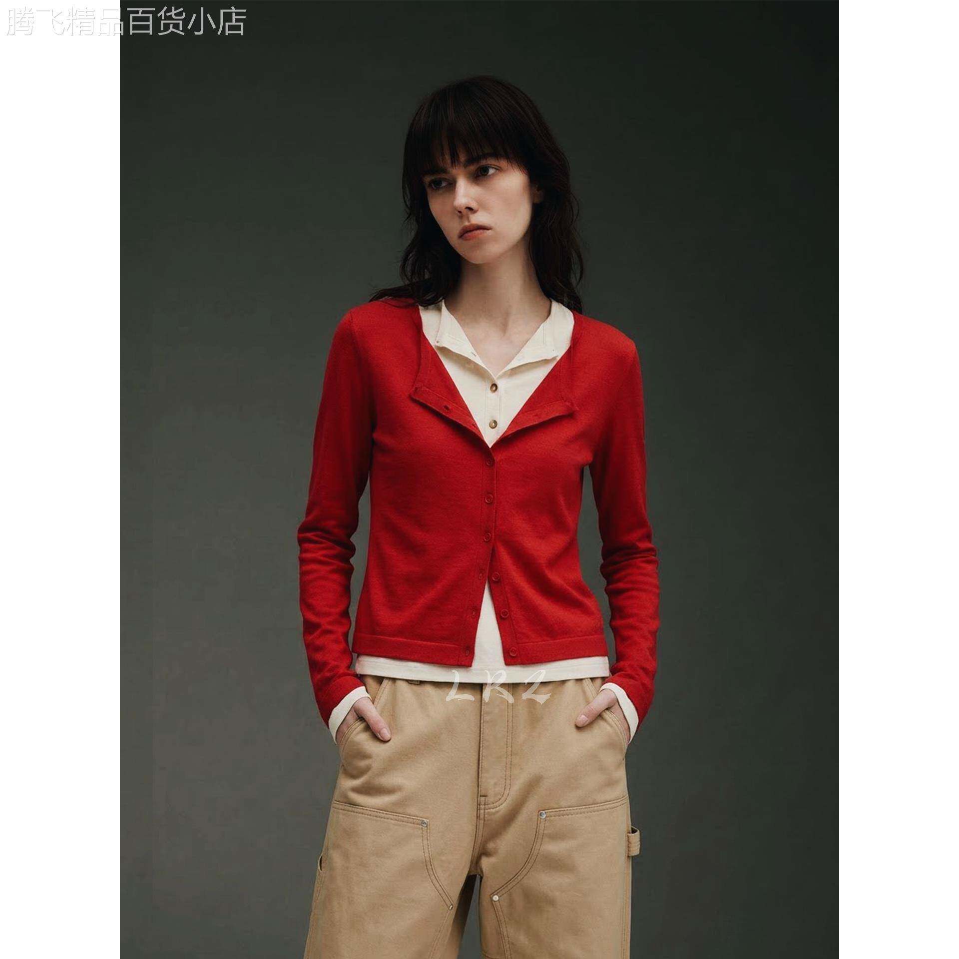 高级感假两件叠层设计红色开衫女秋季新款休闲显瘦单排扣长袖上衣