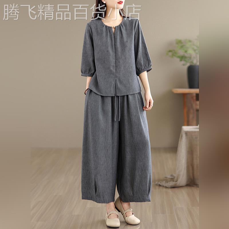潮牌棉麻套装女士2026夏季超火穿搭一整套五分袖衬衫阔腿裤两件套