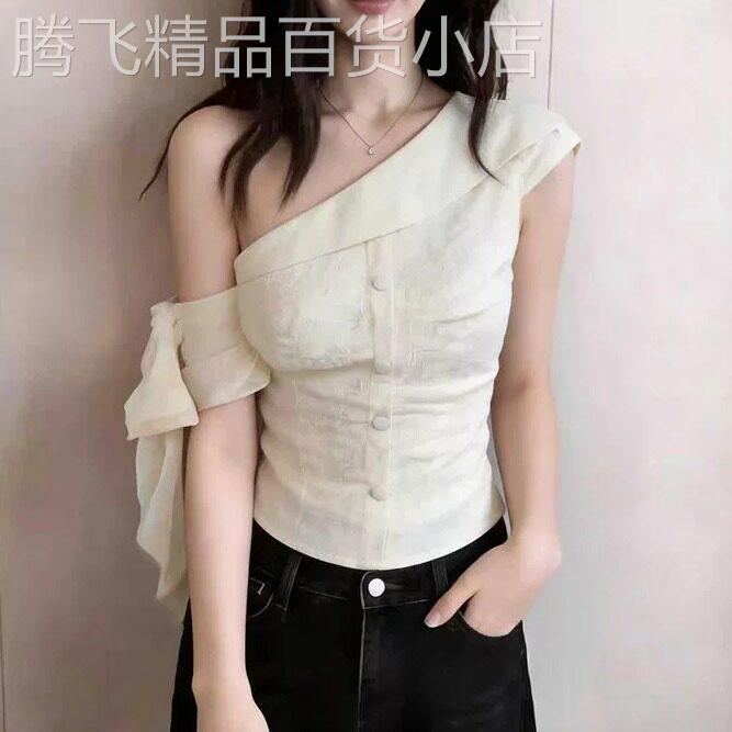 独特别致甜美风设计感露肩拼接短袖衬衫女夏季修身不规则绝美上衣
