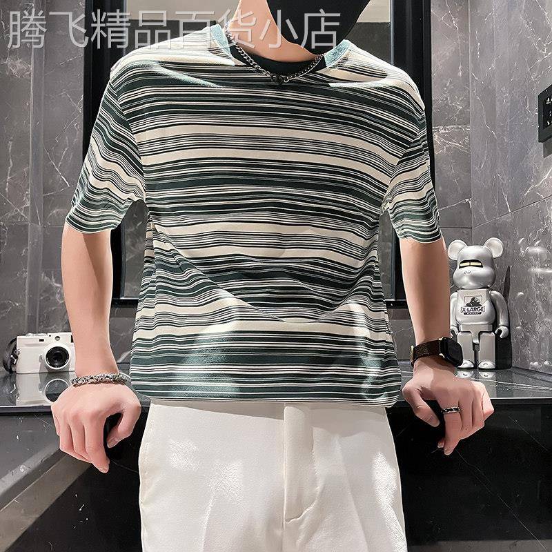 冰丝条纹短袖T恤男士夏季薄款潮牌痞帅半袖上衣宽松休闲圆领T恤