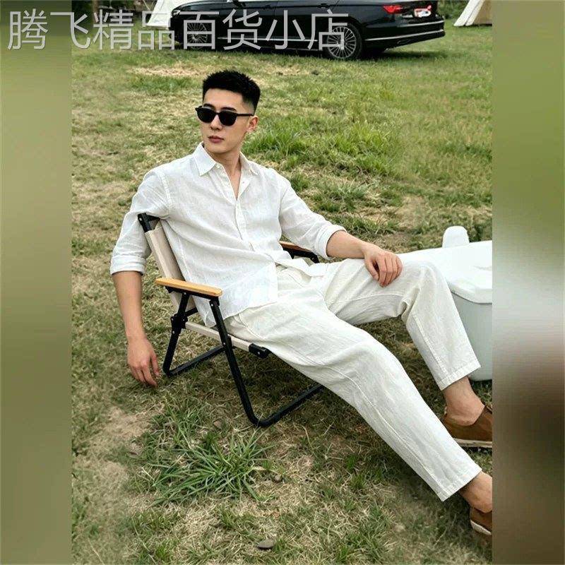 老钱风人夫感白色衬衫套装男士夏季高级感防晒衬衫休闲裤两件套