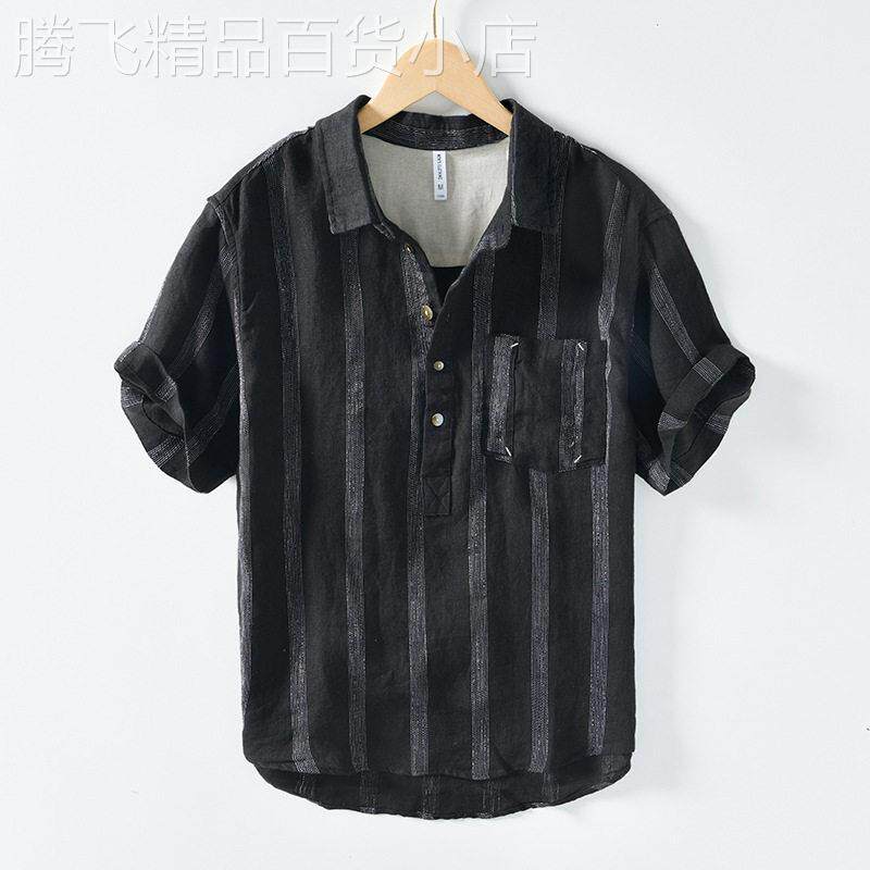 香港竖条纹五分袖亚麻衬衫男夏季套头半袖纯麻透气衬衫短袖T恤潮