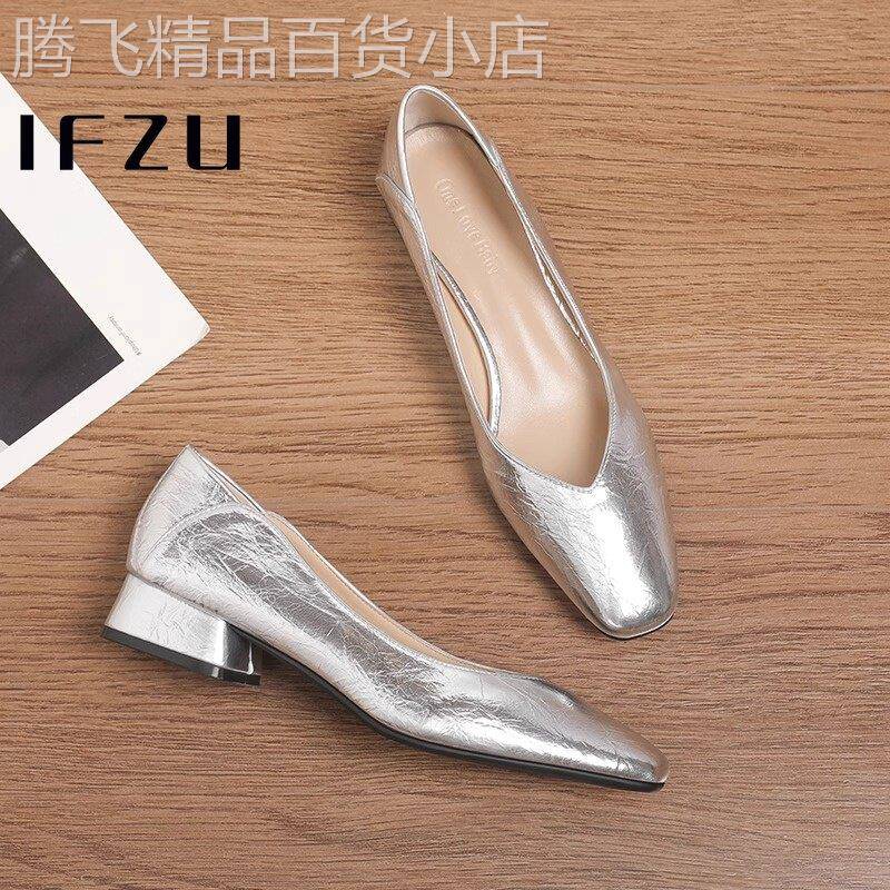 真皮银色单鞋女夏季2026新款方头低跟久站不累脚工作鞋粗跟高跟鞋