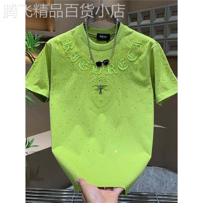 MAROLIO~短袖t恤男士满天星烫钻T恤圆领宽松半袖轻奢潮流休闲上衣
