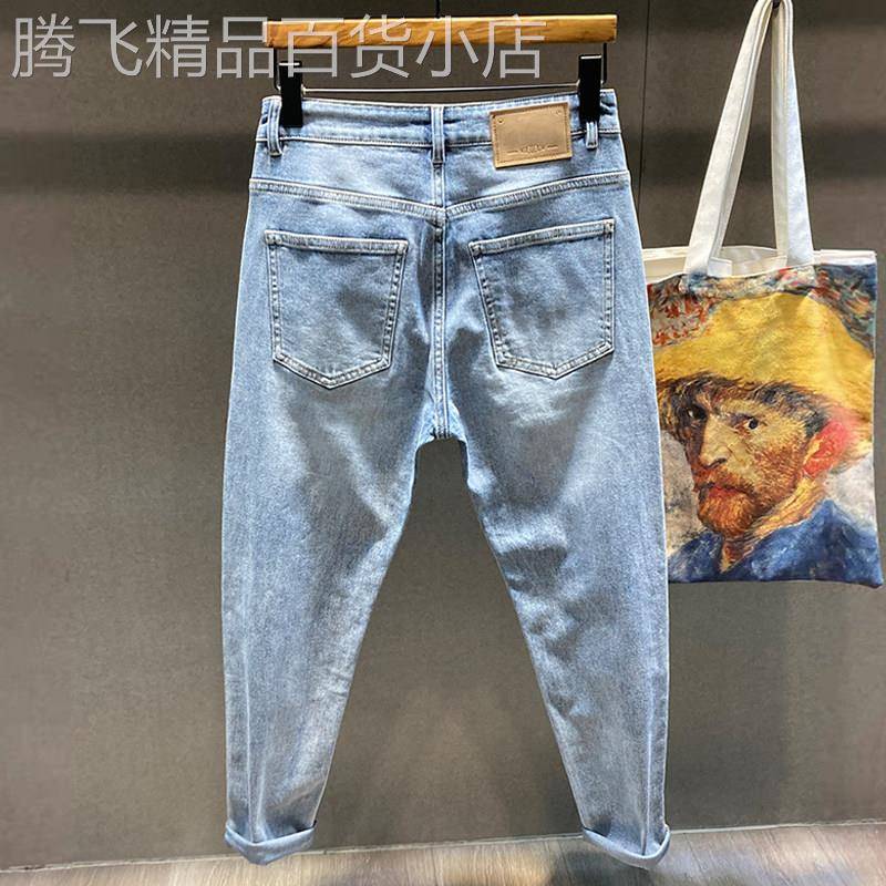 香港潮牌美式休闲九分牛仔裤男秋季新款弹力潮流百搭修身小脚裤子
