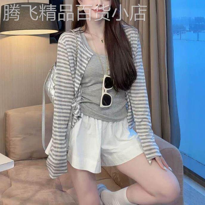 韩系条纹针织开衫背心两件套女春秋防晒套装松弛风时尚百搭套装
