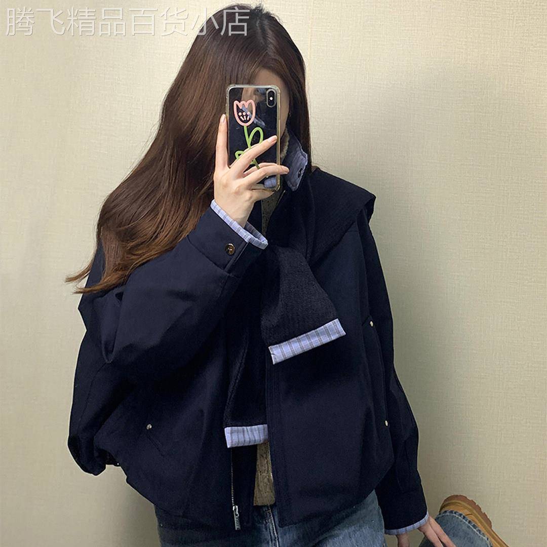 韩系深蓝色立领夹克外套女春季2026新款高级感宽松显瘦棒球服上衣