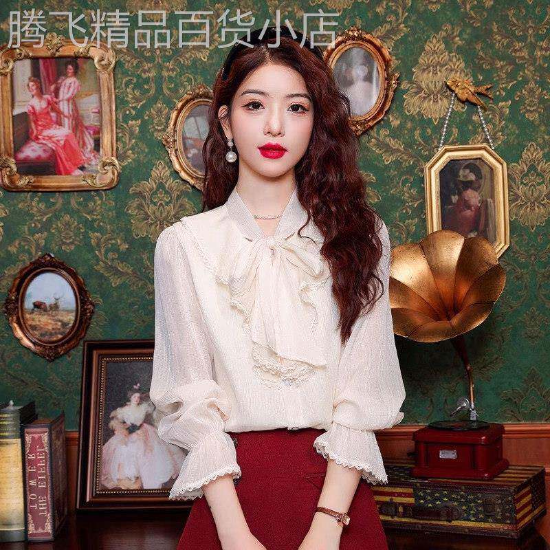 潮牌法式雪纺衬衫女士长袖春秋2026新款高级感减龄小衫蝴蝶结上衣