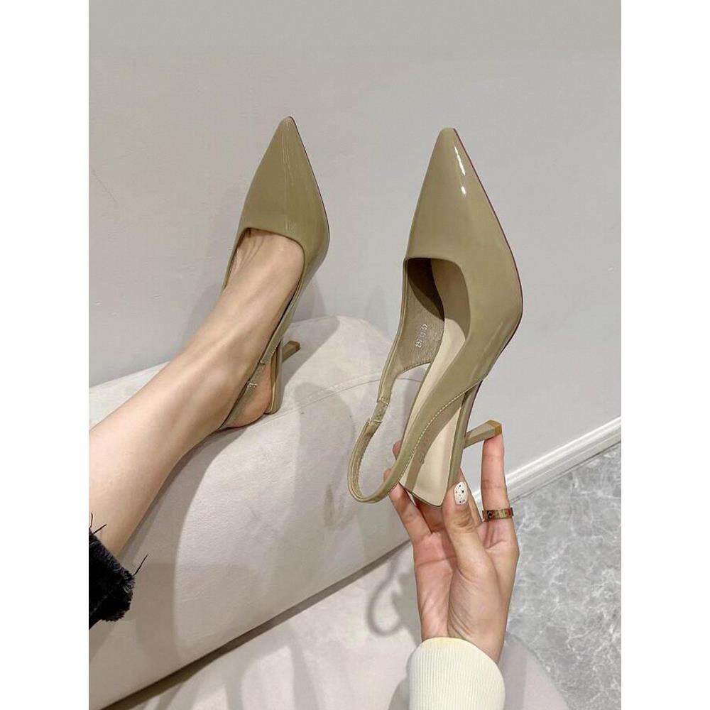 一字扣裸色高跟鞋女2025新款夏季细跟尖头仙女风配裙子包头凉鞋子