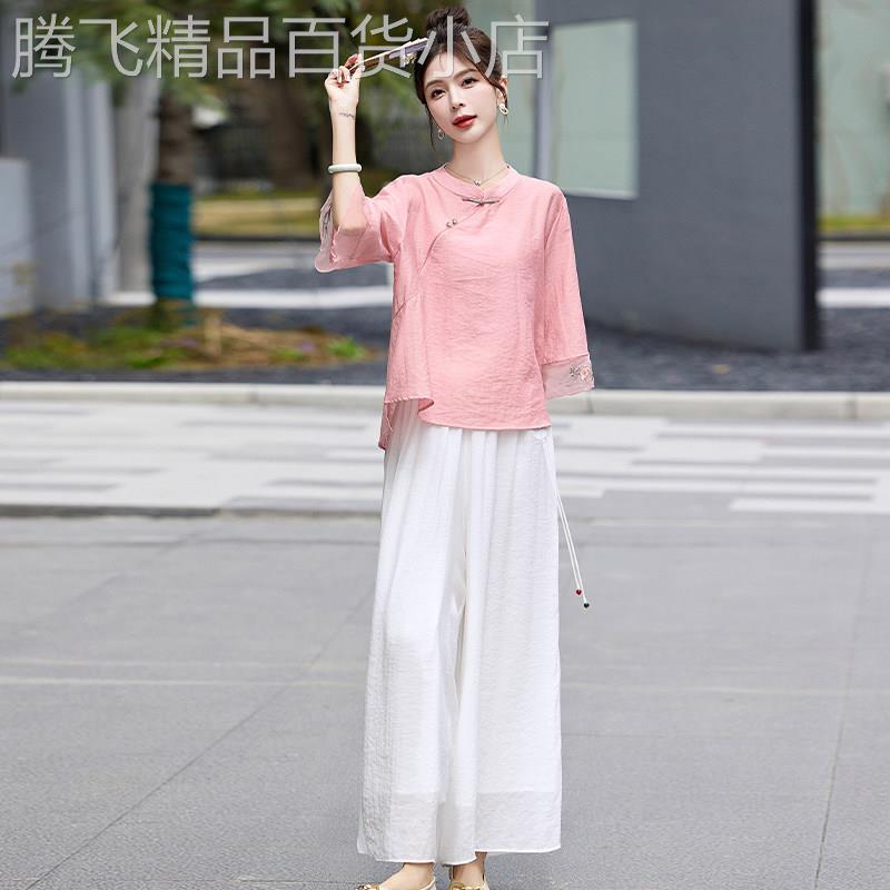 潮牌新中式国风棉麻套装裙女2026夏季刺绣盘扣衬衫阔腿裙裤两件套