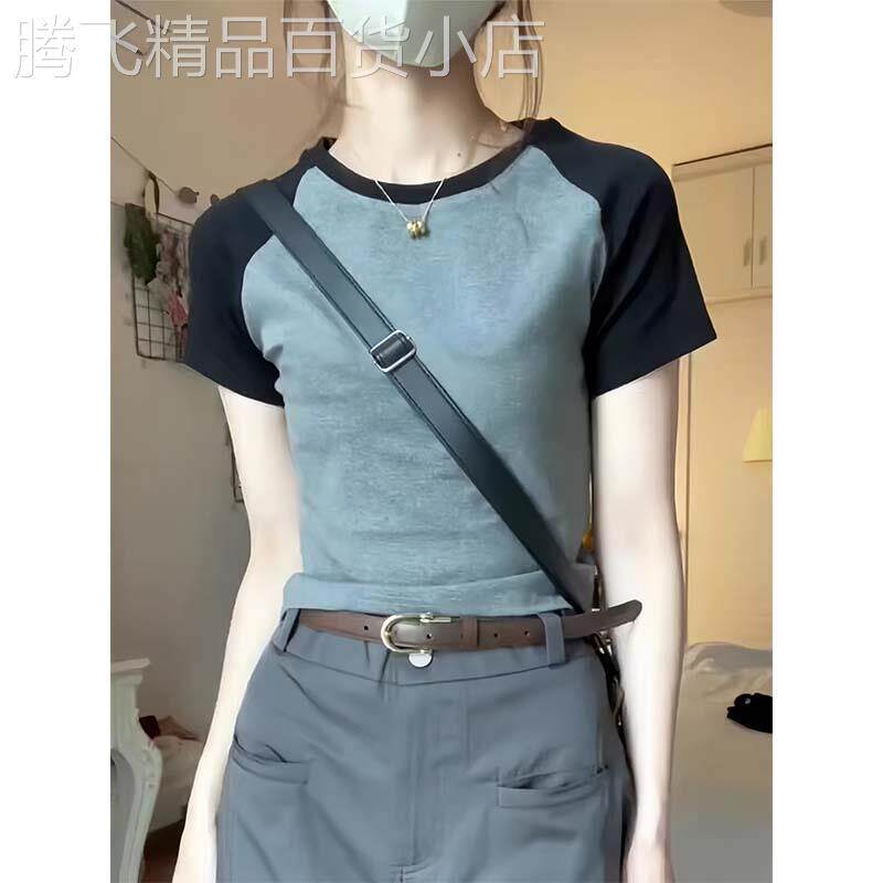 美式复古撞色短袖T恤女夏季印花显瘦圆领正肩插肩袖短款辣妹上衣